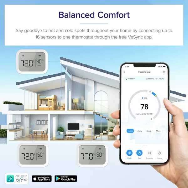 imageLEVOIT Smart Temperature Humidity Sensor Hygrometer Indoor Humidity Thermometer for Home Works with Aura Thermostat Large LCD Display Vesync App Control Notification Alert Function White