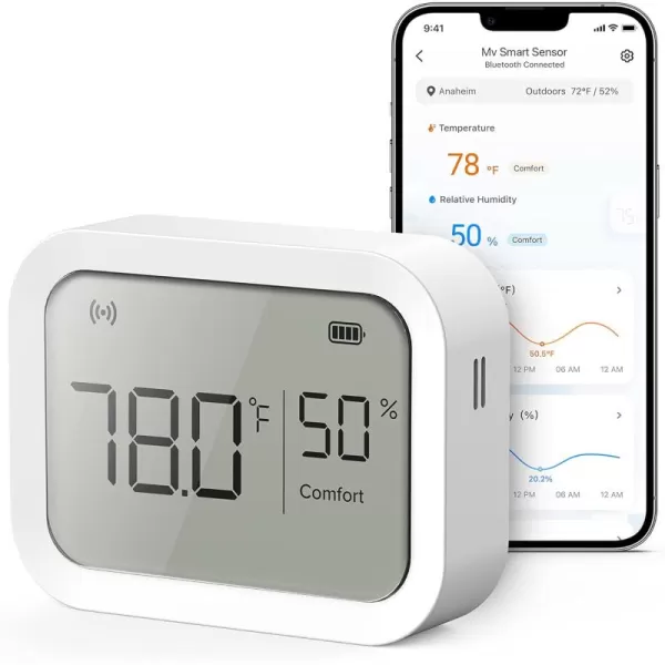 imageLEVOIT Smart Temperature Humidity Sensor Hygrometer Indoor Humidity Thermometer for Home Works with Aura Thermostat Large LCD Display Vesync App Control Notification Alert Function White