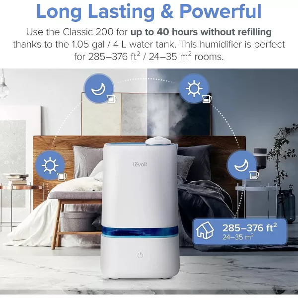 imageLEVOIT 4L Smart Cool Mist Humidifier for Home Bedroom with Essential Oils Customize Humidity for Baby ampamp Plants APP ampamp Voice Control Schedule Timer Last up to 40Hrs Whisper Quiet Handle DesignWhite