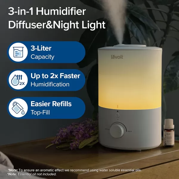 imageLEVOIT Humidifiers for Bedroom Quiet 3L Water Tank Cool Mist Top Fill Essential Oil Diffuser with 25Watt for Home Large Room 360 Nozzle Rapid Ultrasonic Humidification for Baby Nursery and PlantWhite with Nightlight