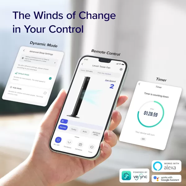 imageLEVOIT Smart 42 Tower Fan for Bedroom Oscillating Fan with Quiet 26fts Velocity 25dB Brushless DC Motor 12 Speeds 4 Modes 24H Timer with APP Works with Alexa Standing Bladeless Fan for HomeWhite