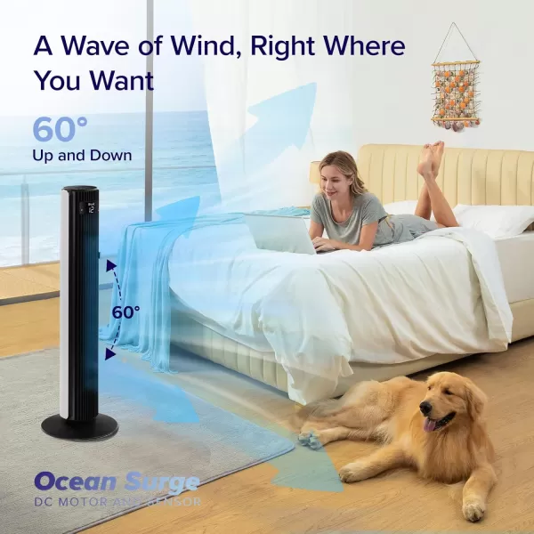 imageLEVOIT Smart 42 Tower Fan for Bedroom Oscillating Fan with Quiet 26fts Velocity 25dB Brushless DC Motor 12 Speeds 4 Modes 24H Timer with APP Works with Alexa Standing Bladeless Fan for HomeWhite