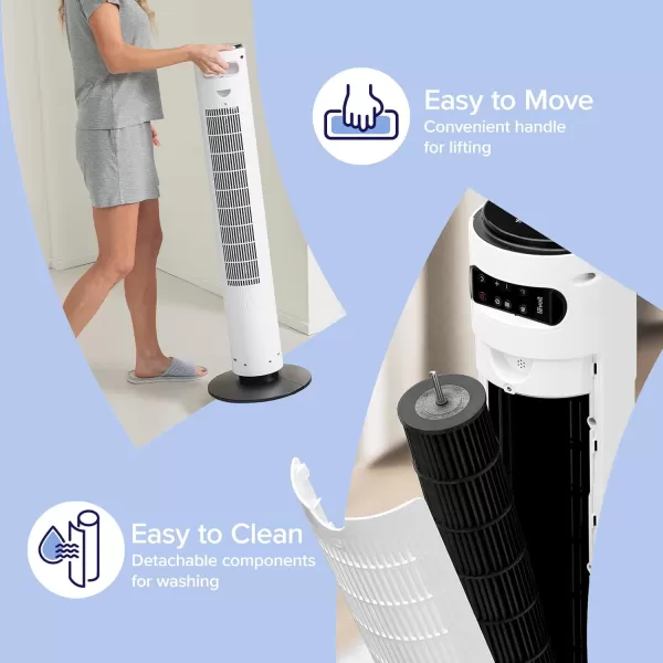 imageLEVOIT Smart 42 Tower Fan for Bedroom Oscillating Fan with Quiet 26fts Velocity 25dB Brushless DC Motor 12 Speeds 4 Modes 24H Timer with APP Works with Alexa Standing Bladeless Fan for HomeWhite
