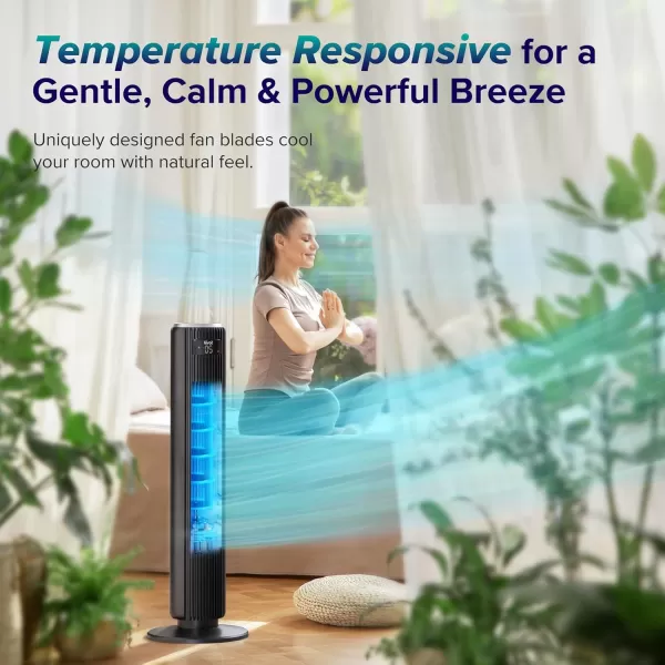 imageLEVOIT Smart 42 Tower Fan for Bedroom Oscillating Fan with Quiet 26fts Velocity 25dB Brushless DC Motor 12 Speeds 4 Modes 24H Timer with APP Works with Alexa Standing Bladeless Fan for HomeBlack