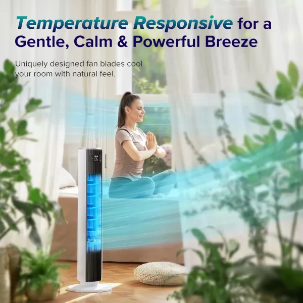 imageLEVOIT Smart 42 Tower Fan for Bedroom Oscillating Fan with Quiet 26fts Velocity 25dB Brushless DC Motor 12 Speeds 4 Modes 24H Timer with APP Works with Alexa Standing Bladeless Fan for HomeWhite