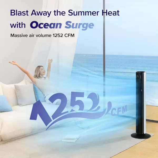 imageLEVOIT Smart 42 Tower Fan for Bedroom Oscillating Fan with Quiet 26fts Velocity 25dB Brushless DC Motor 12 Speeds 4 Modes 24H Timer with APP Works with Alexa Standing Bladeless Fan for HomeWhite