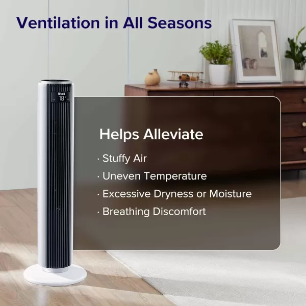 imageLEVOIT Smart 42 Tower Fan for Bedroom Oscillating Fan with Quiet 26fts Velocity 25dB Brushless DC Motor 12 Speeds 4 Modes 24H Timer with APP Works with Alexa Standing Bladeless Fan for HomeWhite