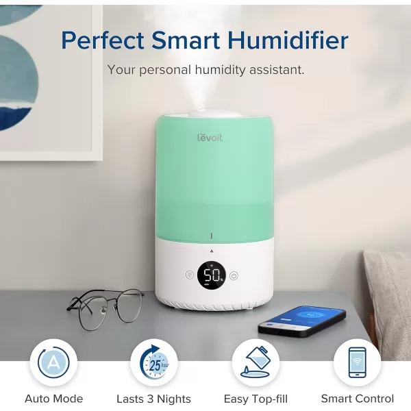 imageLEVOIT Smart Cool Mist Top Fill Humidifiers for Bedroom with Sensor Auto Humidity Setting  APP ampamp Voice Control Essential Oil Diffuser Ultra Quiet Operation Super Easy to Use and Clean 3L Green