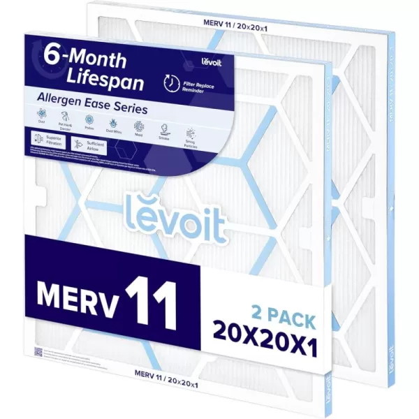 imageLEVOIT 20x20x1 Air Filter MERV 11 6Month Pleated 1Inch Electrostatic AC Furnace Air Cleaning Filter 2 Pack Actual Size 19691969079 inches20201