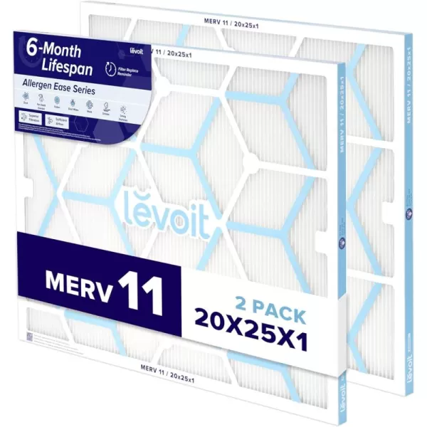 imageLEVOIT 20x20x1 Air Filter MERV 11 6Month Pleated 1Inch Electrostatic AC Furnace Air Cleaning Filter 2 Pack Actual Size 19691969079 inches20251