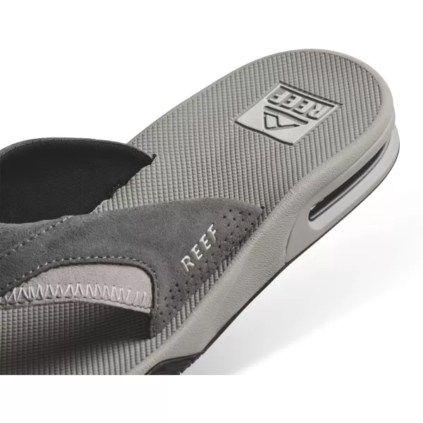 imageREEF Fanning Mens Bottle Opener Flip Flop Arch Support Durable Outsole Water FriendlyGrey Suede