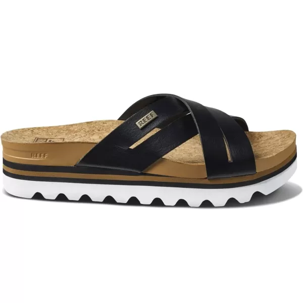 imageREEF Cushion Bloom Hi Womens Platform Fashion Sandal Vegan Leather X Strap Arch Support and Heel CuppingBlackTan