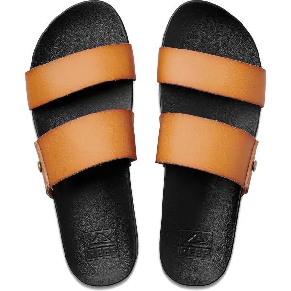 imageREEF Cushion Vista Womens Fashion Slide Sandal Vegan Leather Strap Ultra Soft Cushion FootbedCognac Black
