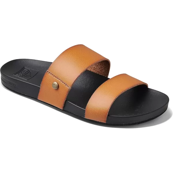 imageREEF Cushion Vista Womens Fashion Slide Sandal Vegan Leather Strap Ultra Soft Cushion FootbedCognac Black