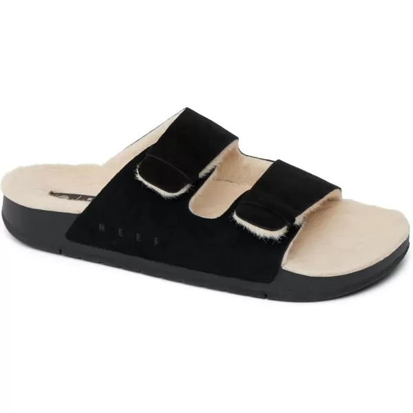 imageREEF Ojai Two Bar Cozy Womens Slide Faux Fur Footbed Full Grain LeatherRaven