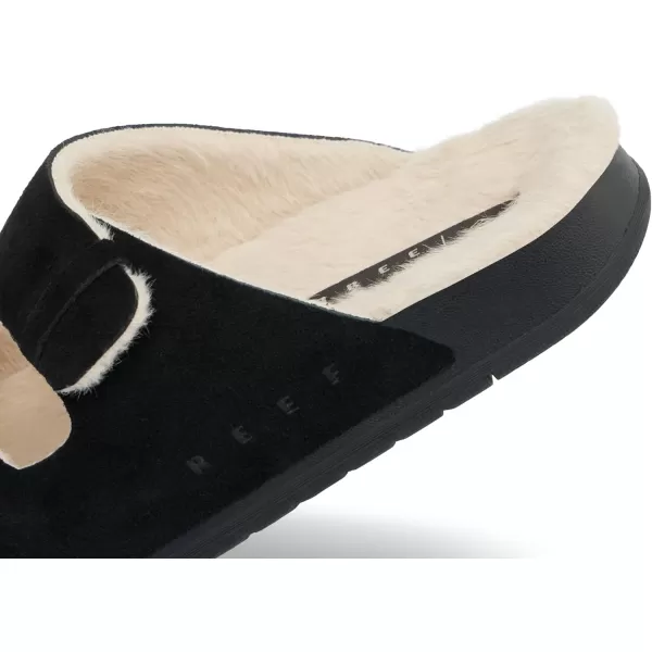 imageREEF Ojai Two Bar Cozy Womens Slide Faux Fur Footbed Full Grain LeatherRaven