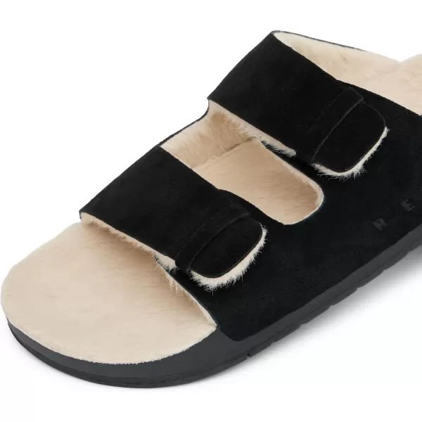 imageREEF Ojai Two Bar Cozy Womens Slide Faux Fur Footbed Full Grain LeatherRaven