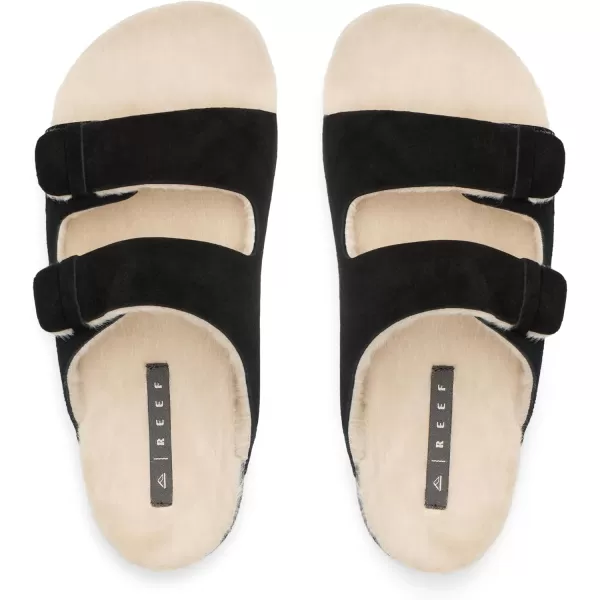 imageREEF Ojai Two Bar Cozy Womens Slide Faux Fur Footbed Full Grain LeatherRaven