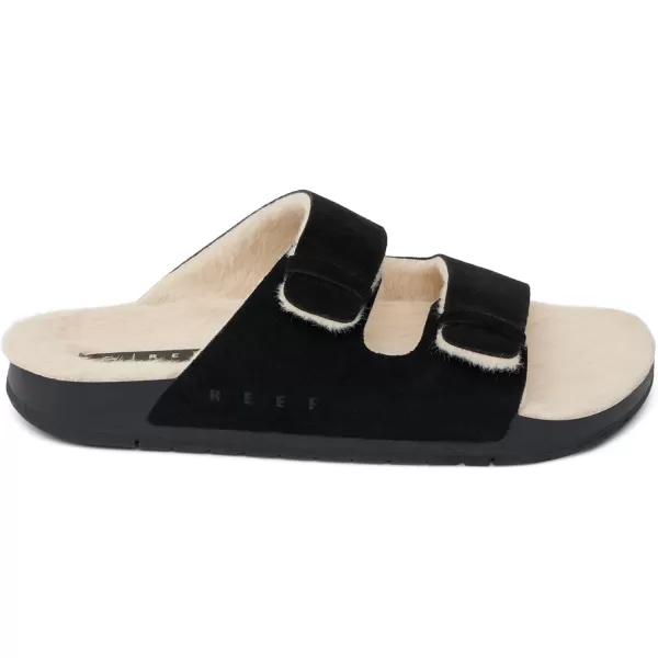 imageREEF Ojai Two Bar Cozy Womens Slide Faux Fur Footbed Full Grain LeatherRaven