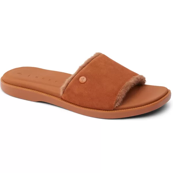 imageREEF Sunny Arrianah Cozy Womens Slide Sandal Full Grain Leather Soft Faux Fur Lined StrapCocoa