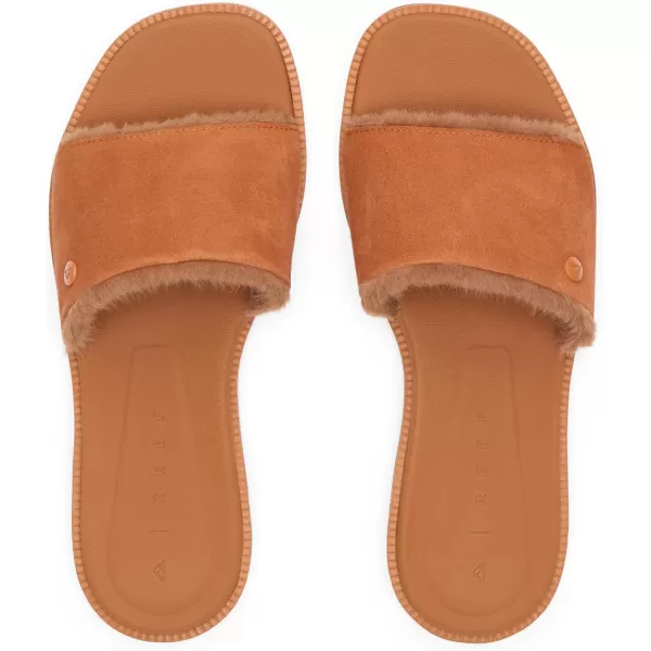 imageREEF Sunny Arrianah Cozy Womens Slide Sandal Full Grain Leather Soft Faux Fur Lined StrapCocoa