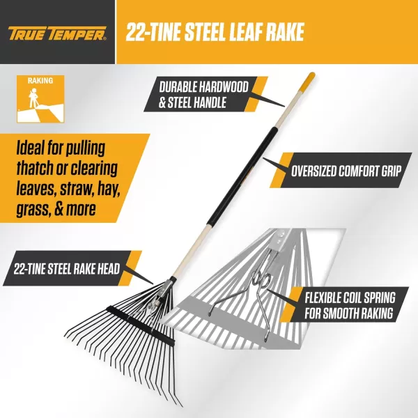 imageTrue Temper 20201001 Steel Tine Leaf Rake with HardwoodSteel Handle 22 Tines BlackSteel Tine Leaf Rake