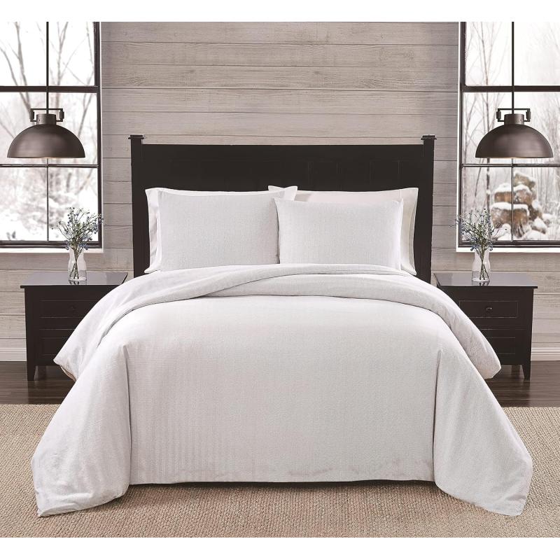 imageLONDON FOG  FullQueen 3 Piece Comforter  Sham Set  Plaid Flannel Collection  Blue StripeHerringbone Grey