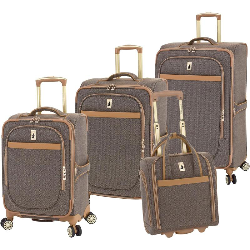 imageLondon Fog Kensington 4 Piece Nested Set Navy Sand Herringbone USB 15quot 20quot 24quot and 28quot