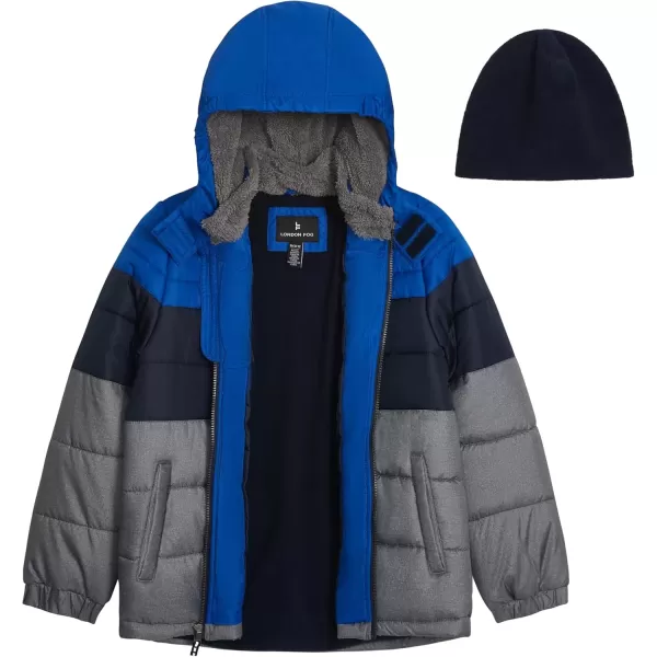 imageLONDON FOG Baby Boys Heavyweight Hooded Puffer Jacket with SherpaLined Hood ampamp Fleece BeanieBlue