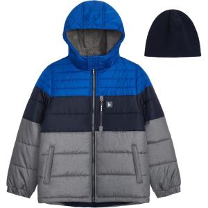 imageLONDON FOG Boys Heavyweight Hooded Puffer Jacket with SherpaLined Hood ampamp Fleece BeanieBlue Royal Navy