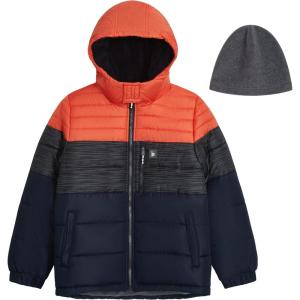imageLONDON FOG Boys Heavyweight Hooded Puffer Jacket with SherpaLined Hood ampamp Fleece BeanieOrange