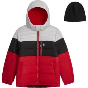 imageLONDON FOG Boys Heavyweight Hooded Puffer Jacket with SherpaLined Hood ampamp Fleece BeanieRed