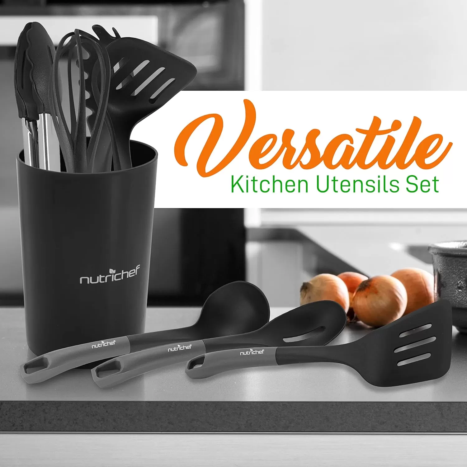 imageNutriChef 10 Pcs Silicone Heat Resistant Kitchen Cooking Utensils SetNonStick Baking Tools with PP Holder Silver ampamp Black 1Gray and Black