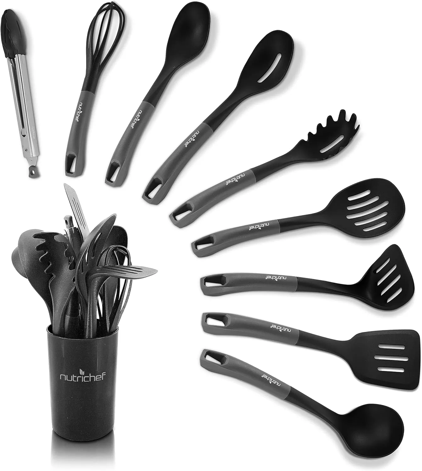 imageNutriChef 10 Pcs Silicone Heat Resistant Kitchen Cooking Utensils SetNonStick Baking Tools with PP Holder Silver ampamp Black 1Gray and Black
