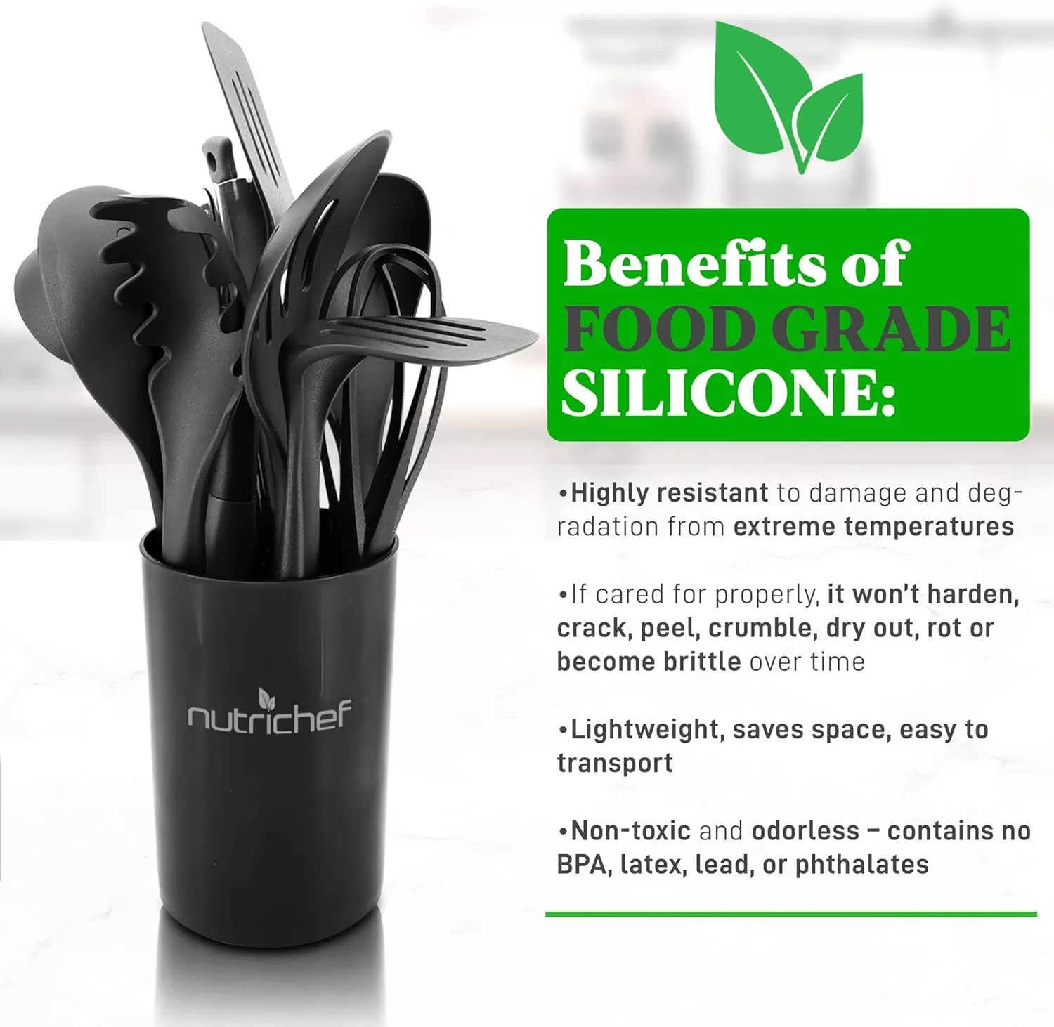 imageNutriChef 10 Pcs Silicone Heat Resistant Kitchen Cooking Utensils SetNonStick Baking Tools with PP Holder Silver ampamp Black 1Gray and Black