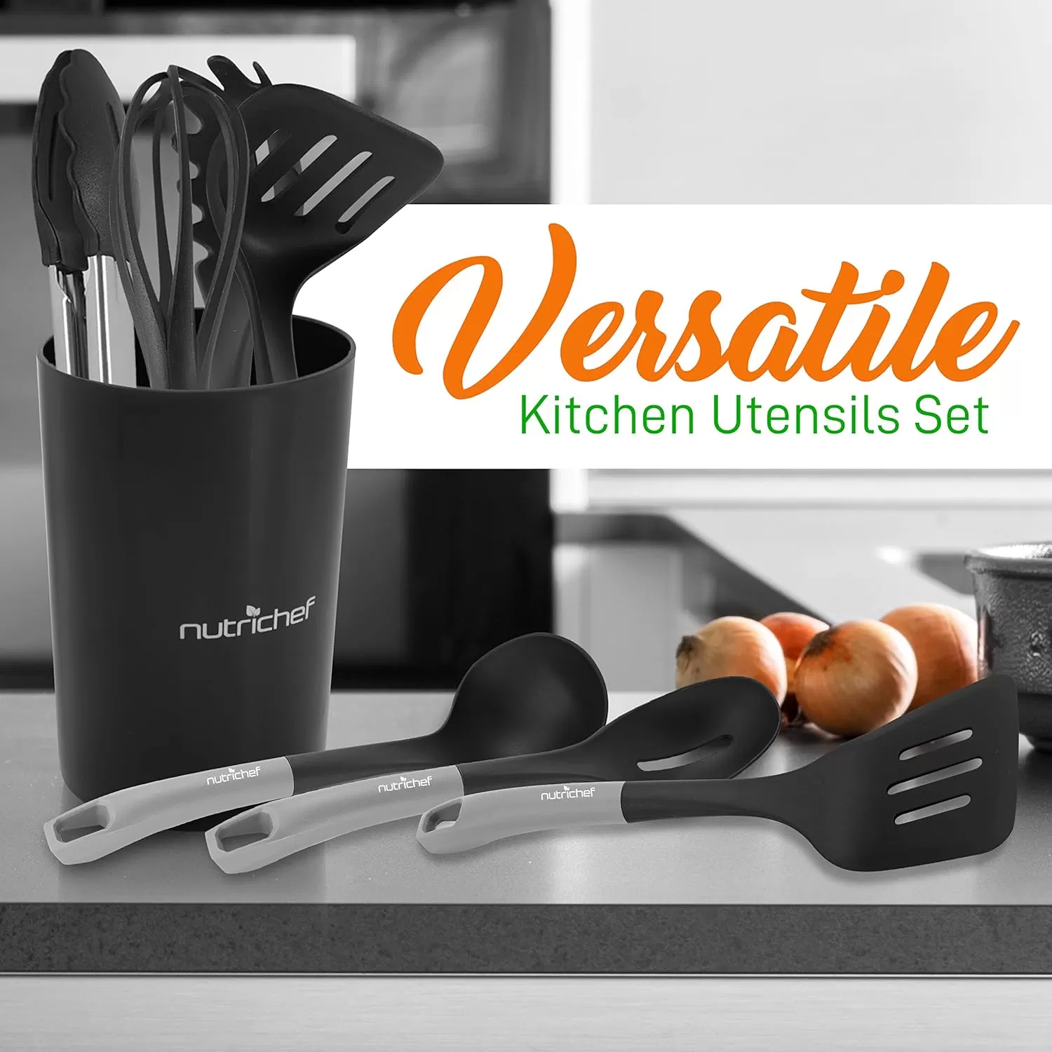 imageNutriChef 10 Pcs Silicone Heat Resistant Kitchen Cooking Utensils SetNonStick Baking Tools with PP Holder Silver ampamp Black 1Silver