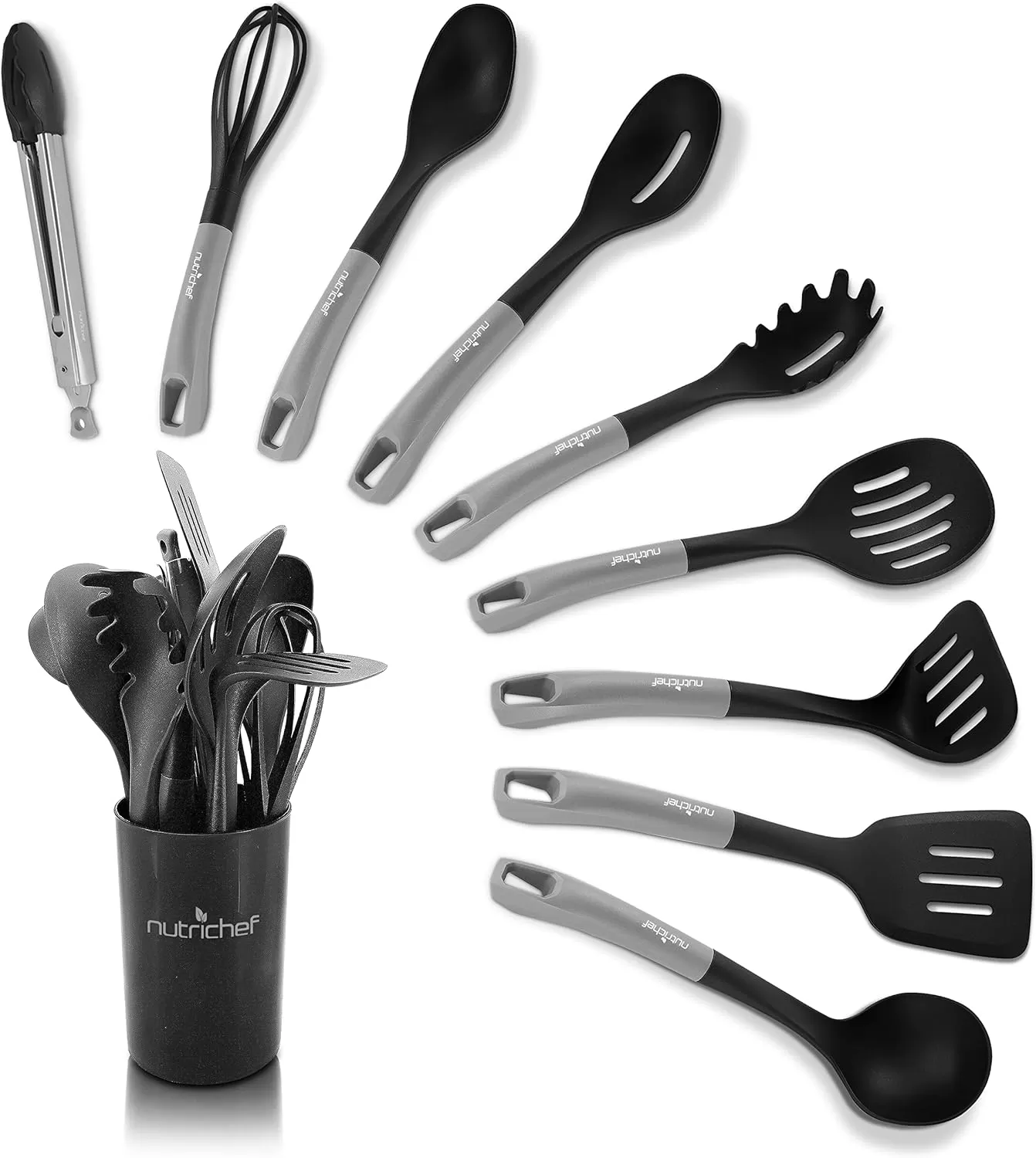 imageNutriChef 10 Pcs Silicone Heat Resistant Kitchen Cooking Utensils SetNonStick Baking Tools with PP Holder Silver ampamp Black 1Silver