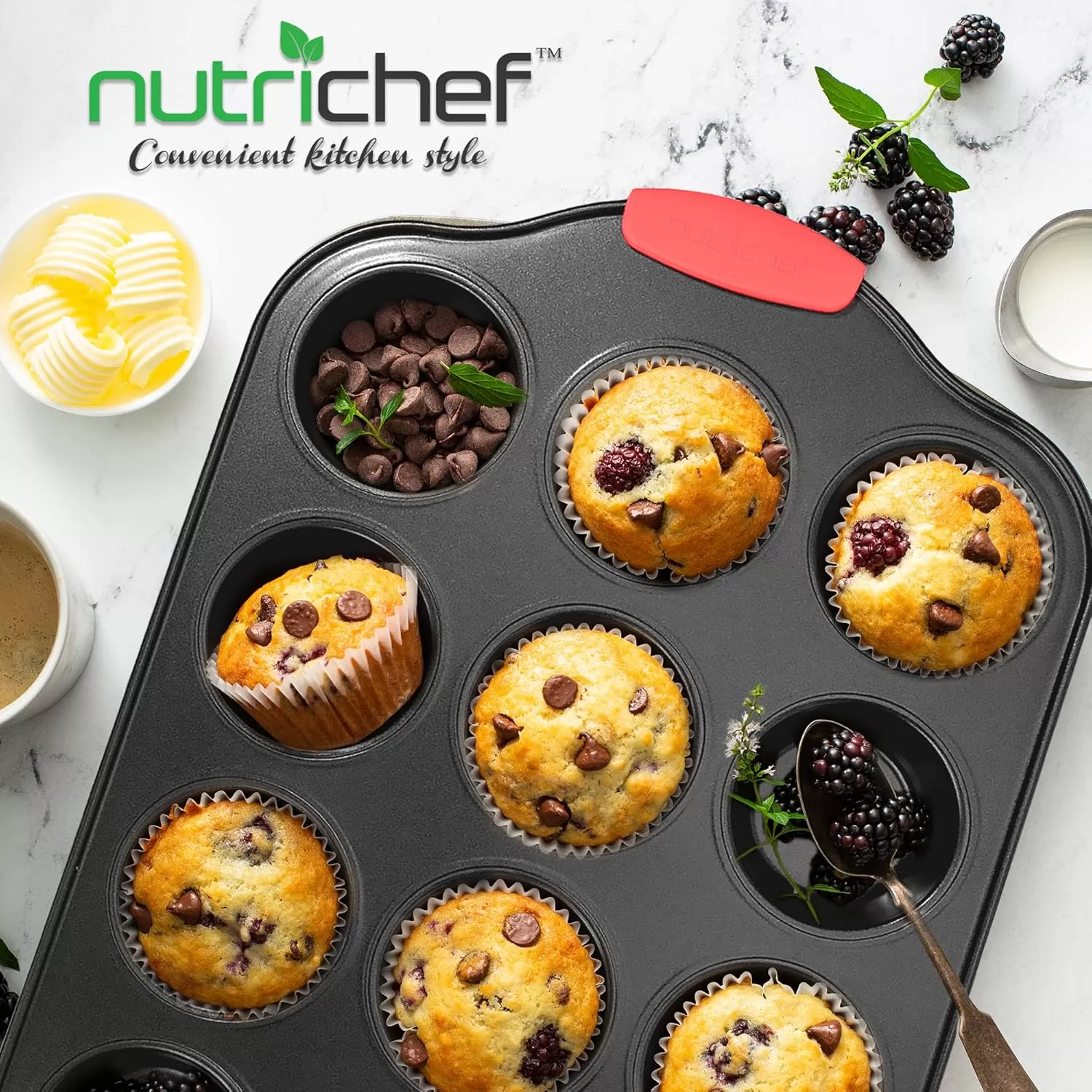 imageNutriChef 12 Cup Muffin Pan Durable and Nonstick Carbon Steel Bake Pan with Silicone Handles Kitchen Essential Cupcake Pan Stain Resistant Easy Clean PFOA PFOS PTFE Free 1622 x 1043Black