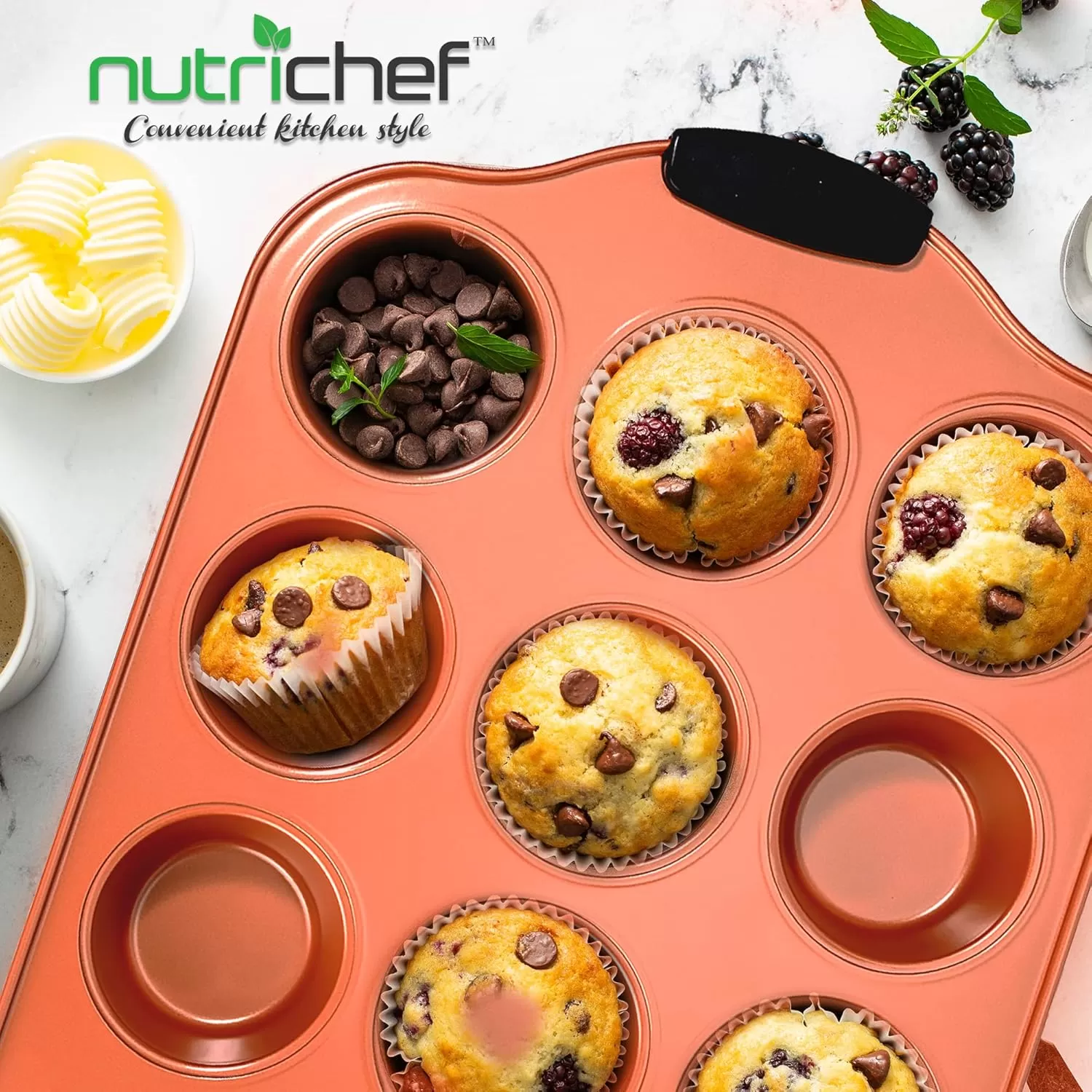 imageNutriChef 12 Cup Muffin Pan Durable and Nonstick Carbon Steel Bake Pan with Silicone Handles Kitchen Essential Cupcake Pan Stain Resistant Easy Clean PFOA PFOS PTFE Free 1622 x 1043Copper