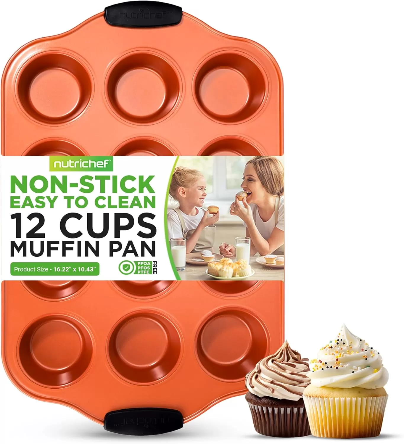 imageNutriChef 12 Cup Muffin Pan Durable and Nonstick Carbon Steel Bake Pan with Silicone Handles Kitchen Essential Cupcake Pan Stain Resistant Easy Clean PFOA PFOS PTFE Free 1622 x 1043Copper