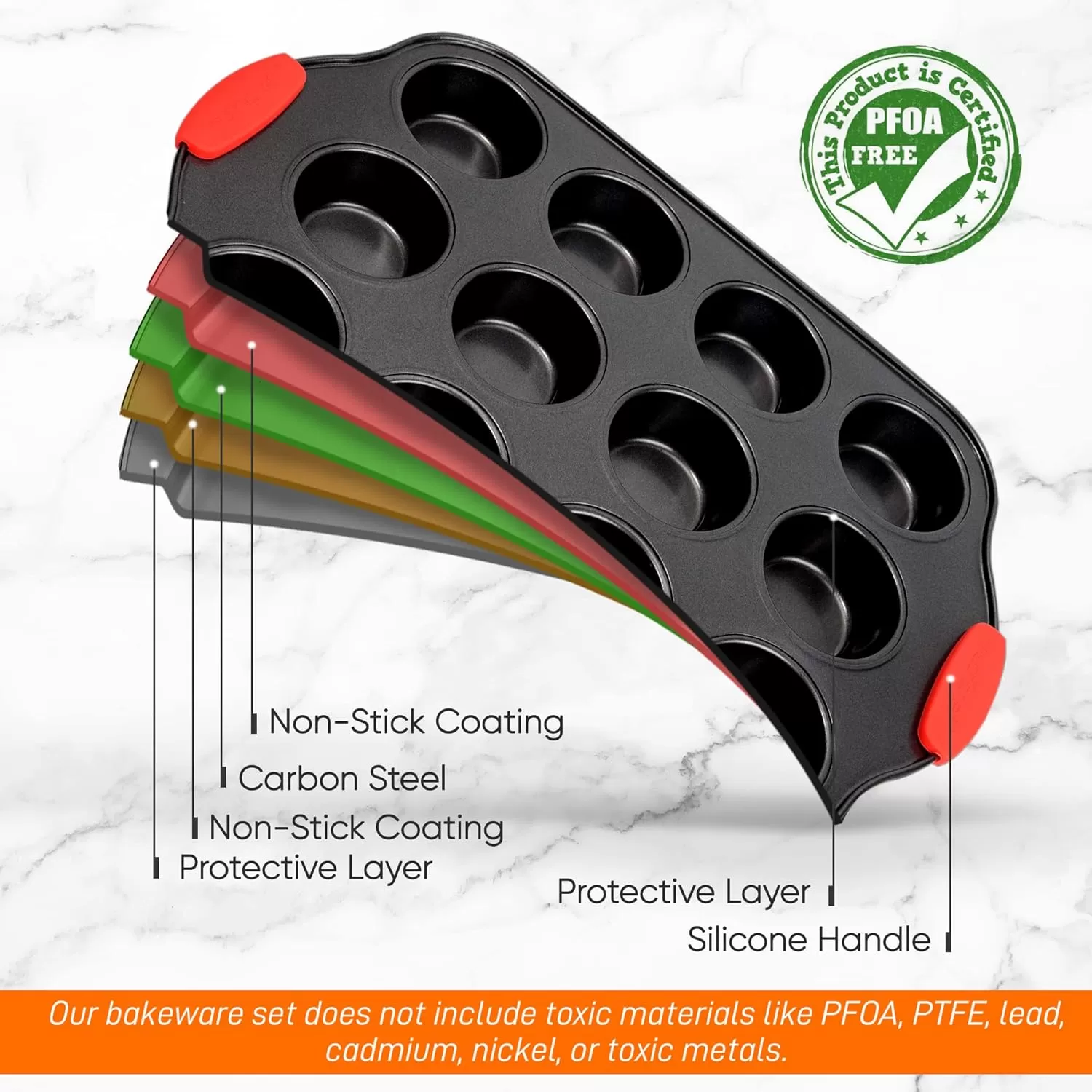 imageNutriChef 12 Cup Muffin Pan Durable and Nonstick Carbon Steel Bake Pan with Silicone Handles Kitchen Essential Cupcake Pan Stain Resistant Easy Clean PFOA PFOS PTFE Free 1622 x 1043Black