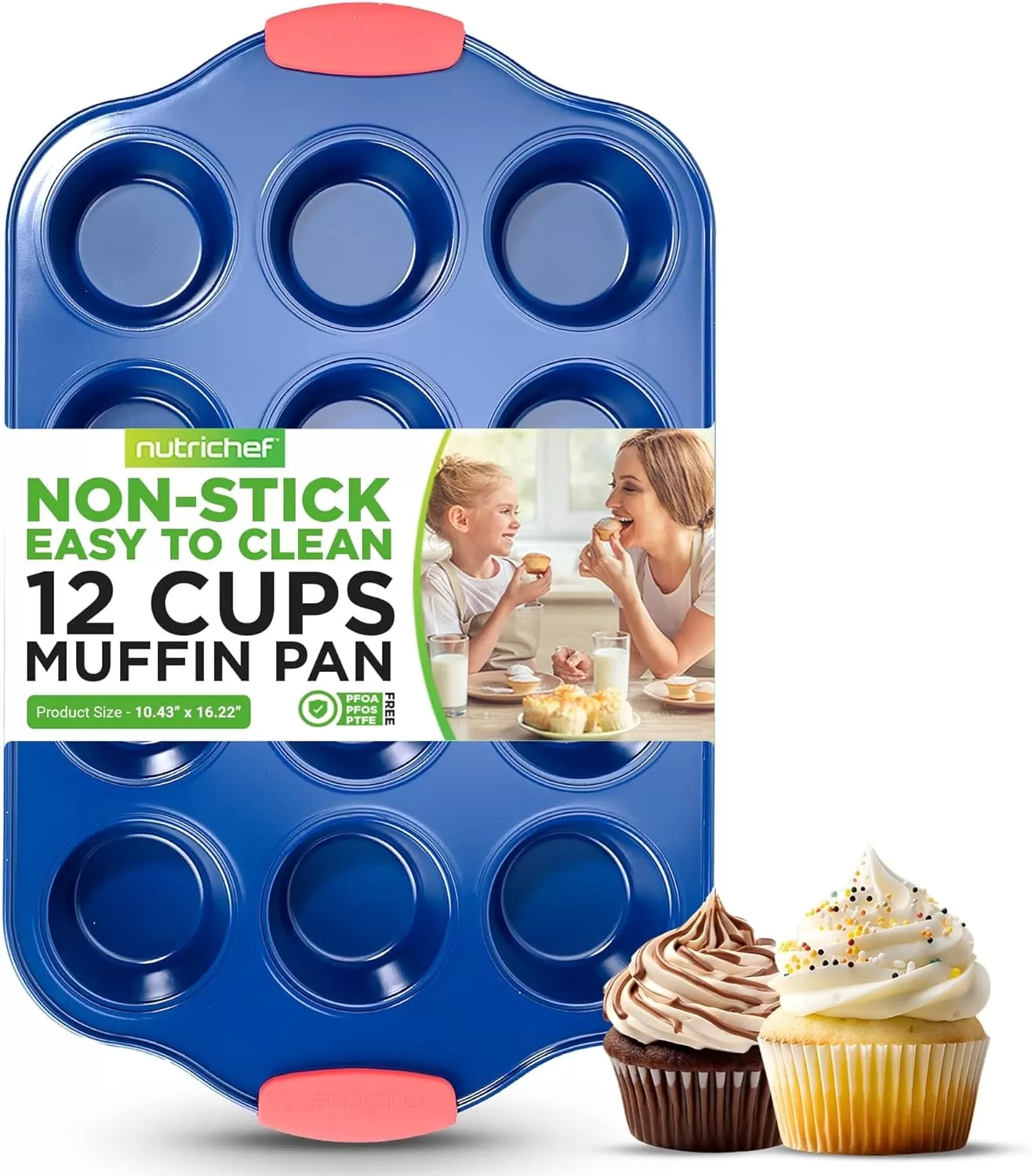 imageNutriChef 12 Cup Muffin Pan Durable and Nonstick Carbon Steel Bake Pan with Silicone Handles Kitchen Essential Cupcake Pan Stain Resistant Easy Clean PFOA PFOS PTFE Free 1622 x 1043Blue