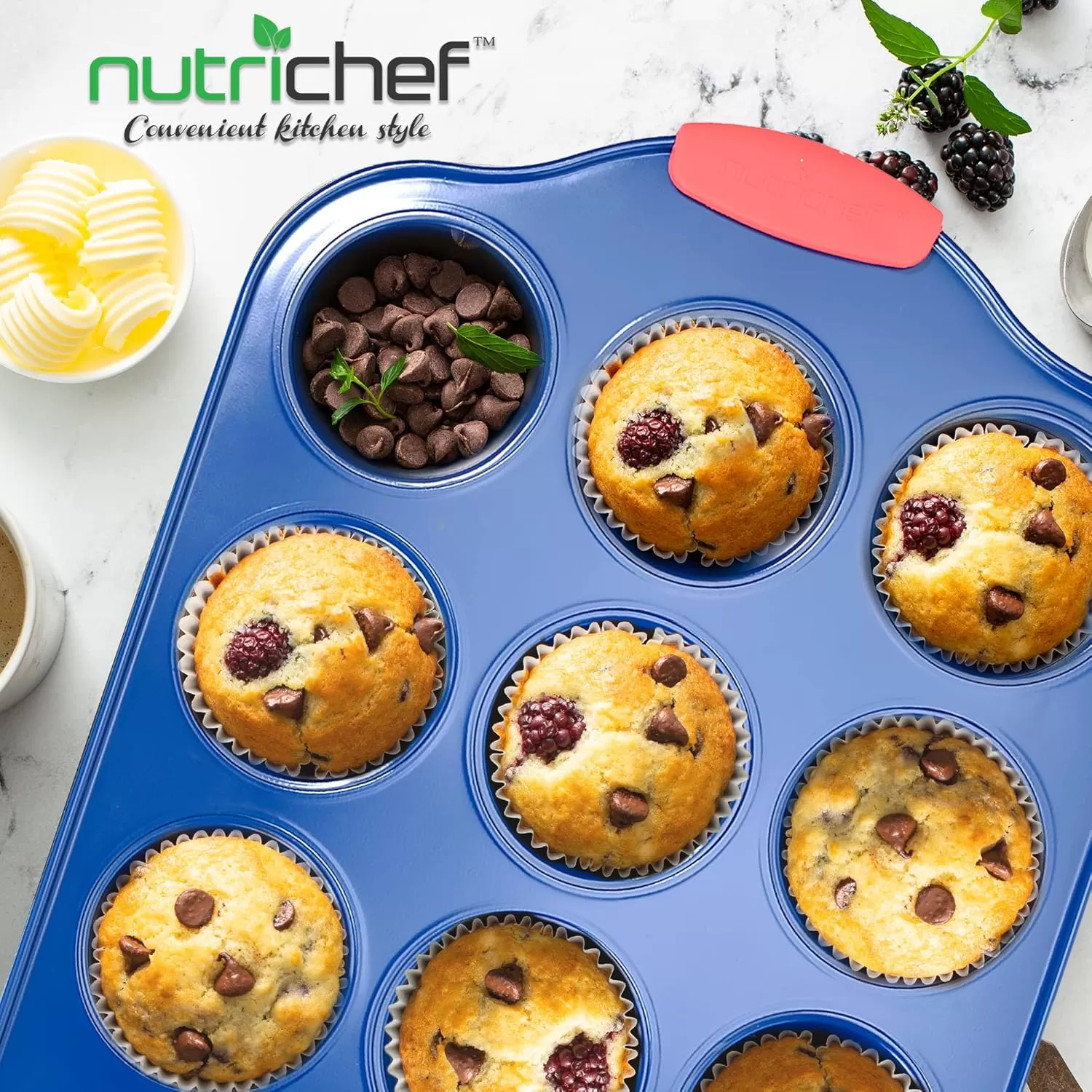 imageNutriChef 12 Cup Muffin Pan Durable and Nonstick Carbon Steel Bake Pan with Silicone Handles Kitchen Essential Cupcake Pan Stain Resistant Easy Clean PFOA PFOS PTFE Free 1622 x 1043Blue