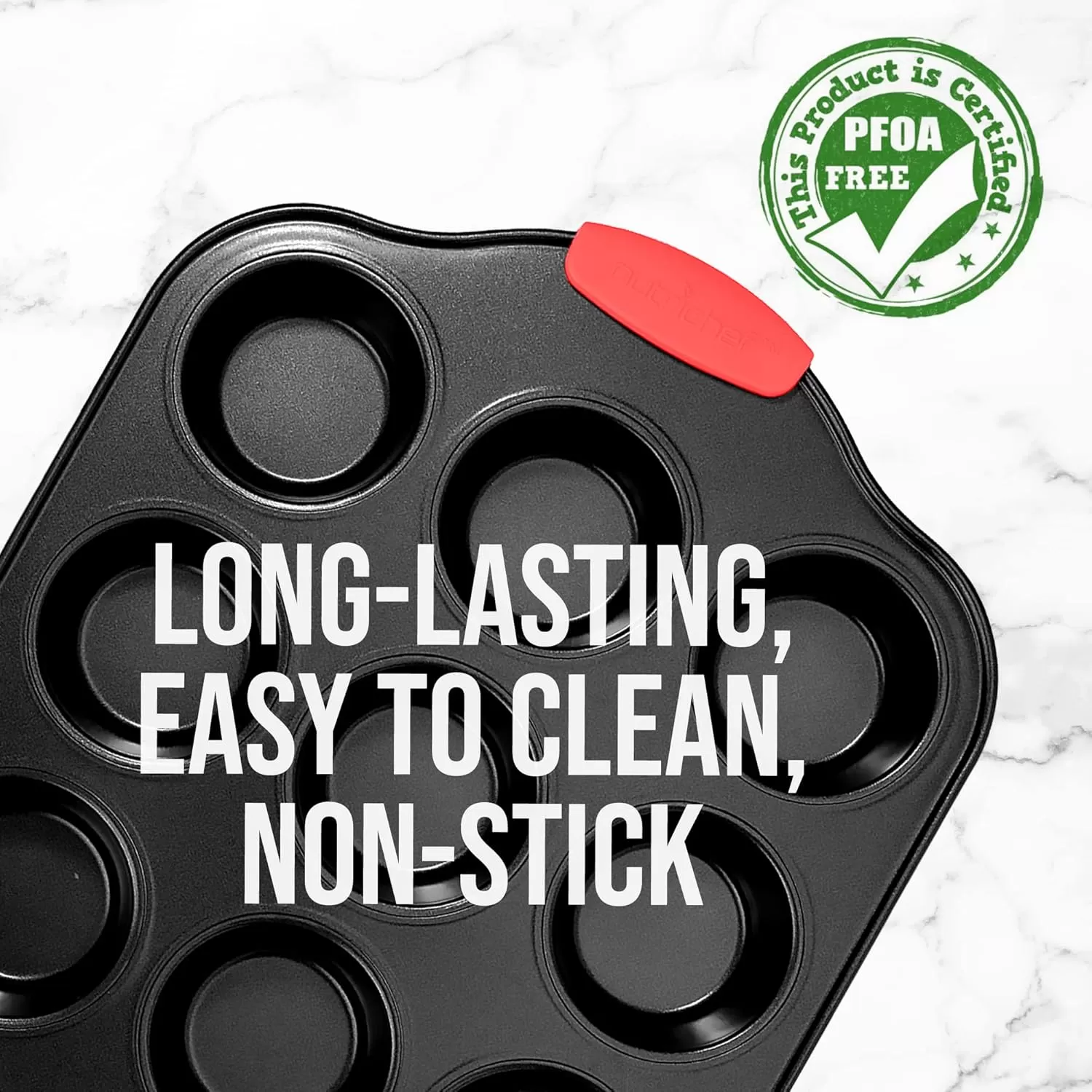 imageNutriChef 12 Cup Muffin Pan Durable and Nonstick Carbon Steel Bake Pan with Silicone Handles Kitchen Essential Cupcake Pan Stain Resistant Easy Clean PFOA PFOS PTFE Free 1622 x 1043Black