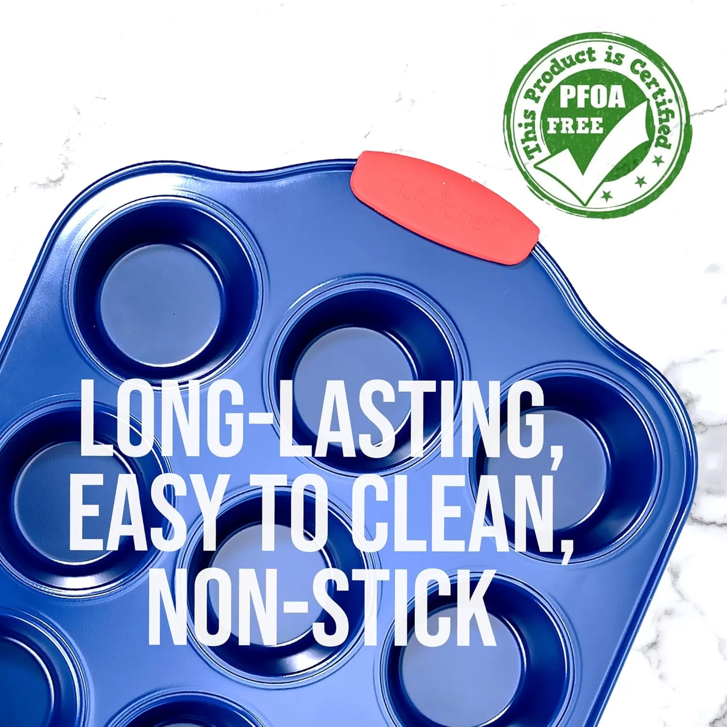 imageNutriChef 12 Cup Muffin Pan Durable and Nonstick Carbon Steel Bake Pan with Silicone Handles Kitchen Essential Cupcake Pan Stain Resistant Easy Clean PFOA PFOS PTFE Free 1622 x 1043Blue