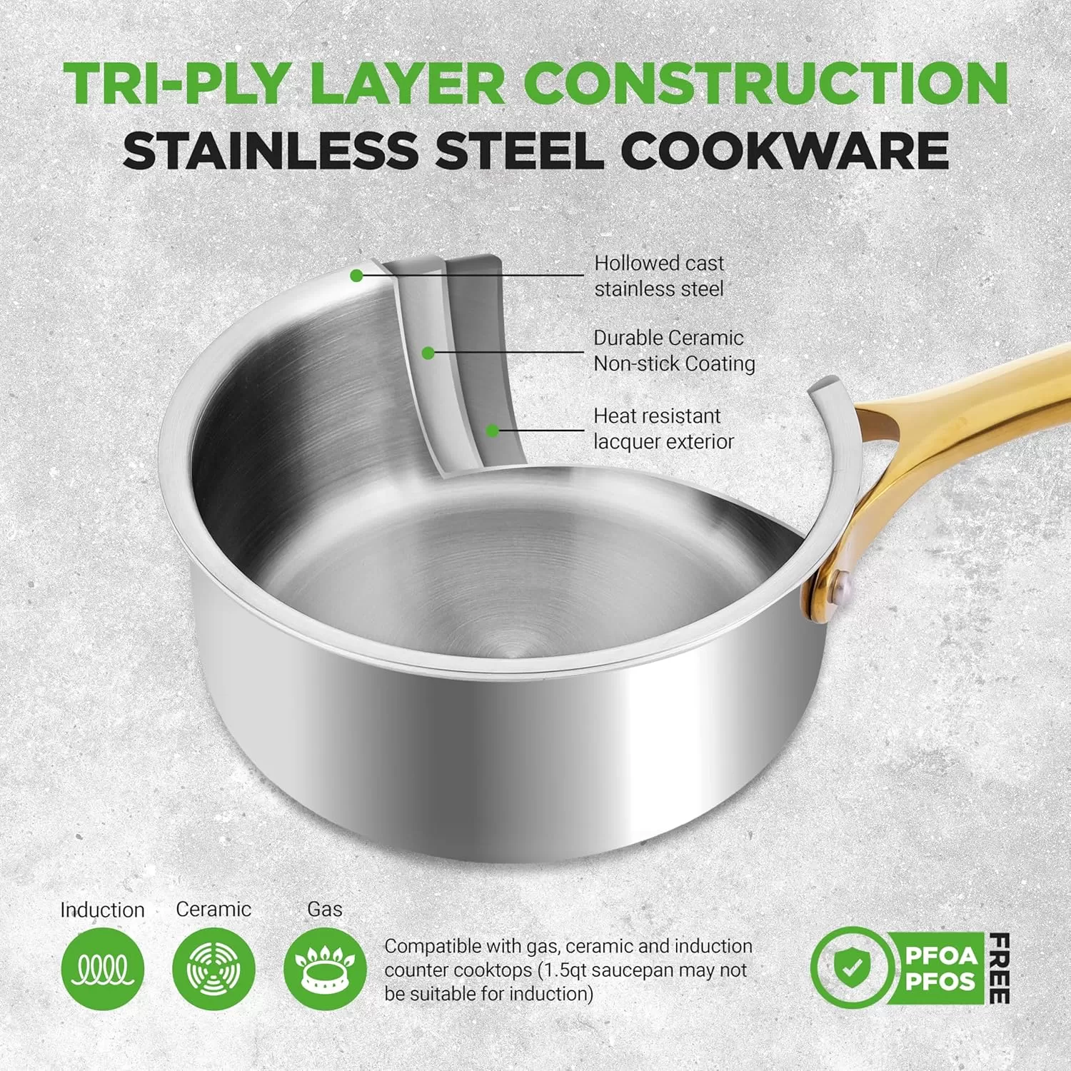 imageNutriChef 12Piece Stainless Steel Kitchenware  Pots ampamp Pans Set Clad Kitchen Cookware wSteel HandlesFry Pan Interior Coated wPrestige Ceramic NonStick CoatingStylish Kitchen Cookware NCSSX45Stainless Steel  Gold