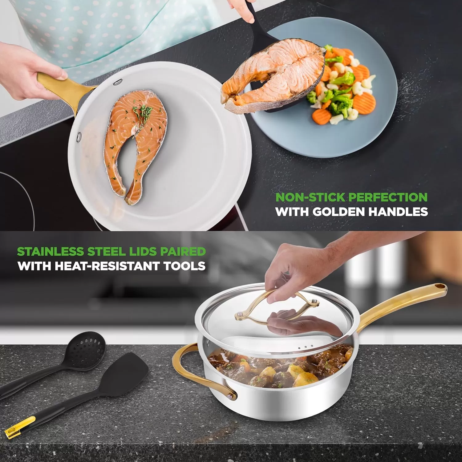 imageNutriChef 12Piece Stainless Steel Kitchenware  Pots ampamp Pans Set Clad Kitchen Cookware wSteel HandlesFry Pan Interior Coated wPrestige Ceramic NonStick CoatingStylish Kitchen Cookware NCSSX45Royal gold
