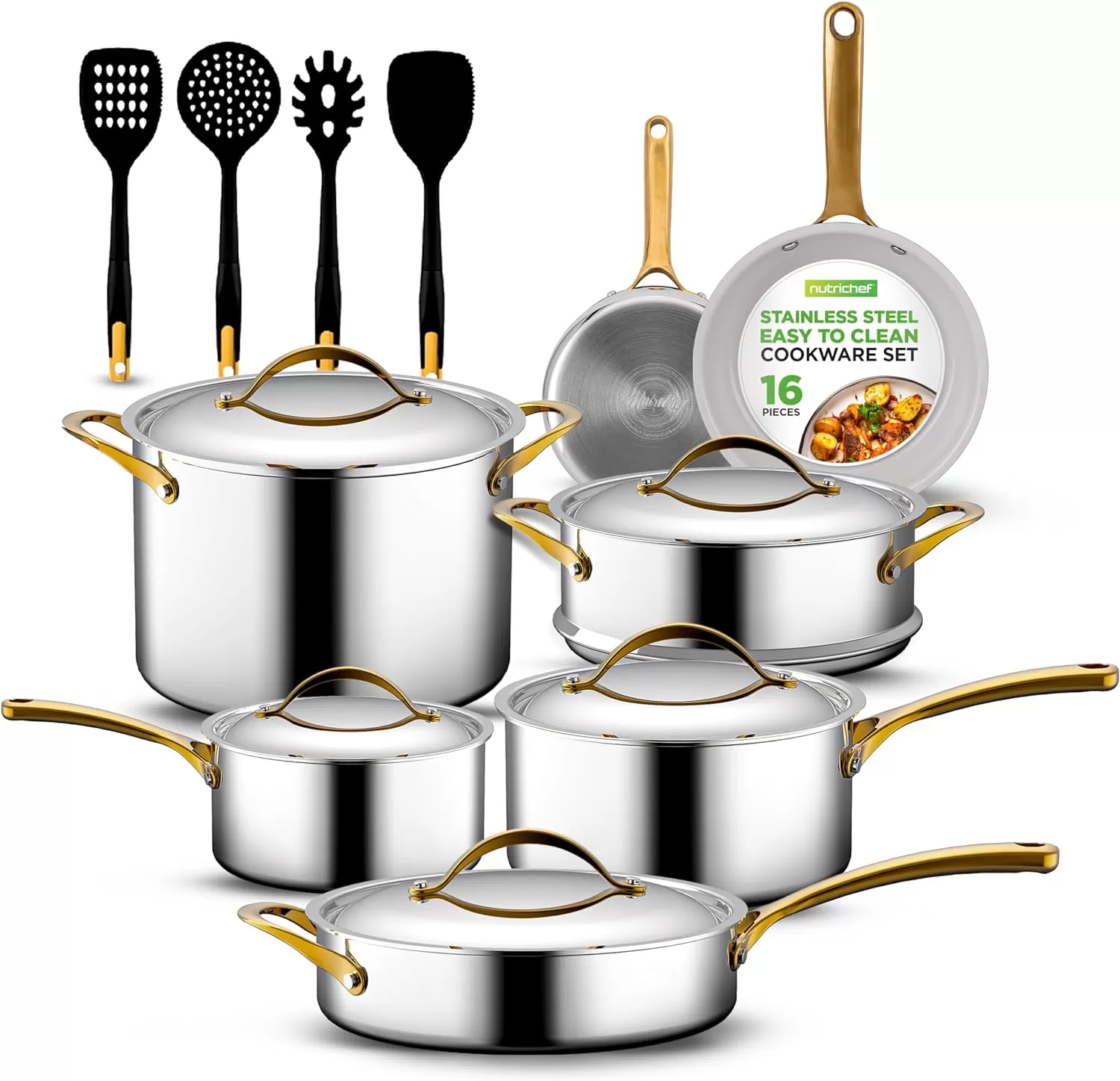 imageNutriChef 12Piece Stainless Steel Kitchenware  Pots ampamp Pans Set Clad Kitchen Cookware wSteel HandlesFry Pan Interior Coated wPrestige Ceramic NonStick CoatingStylish Kitchen Cookware NCSSX45Royal gold