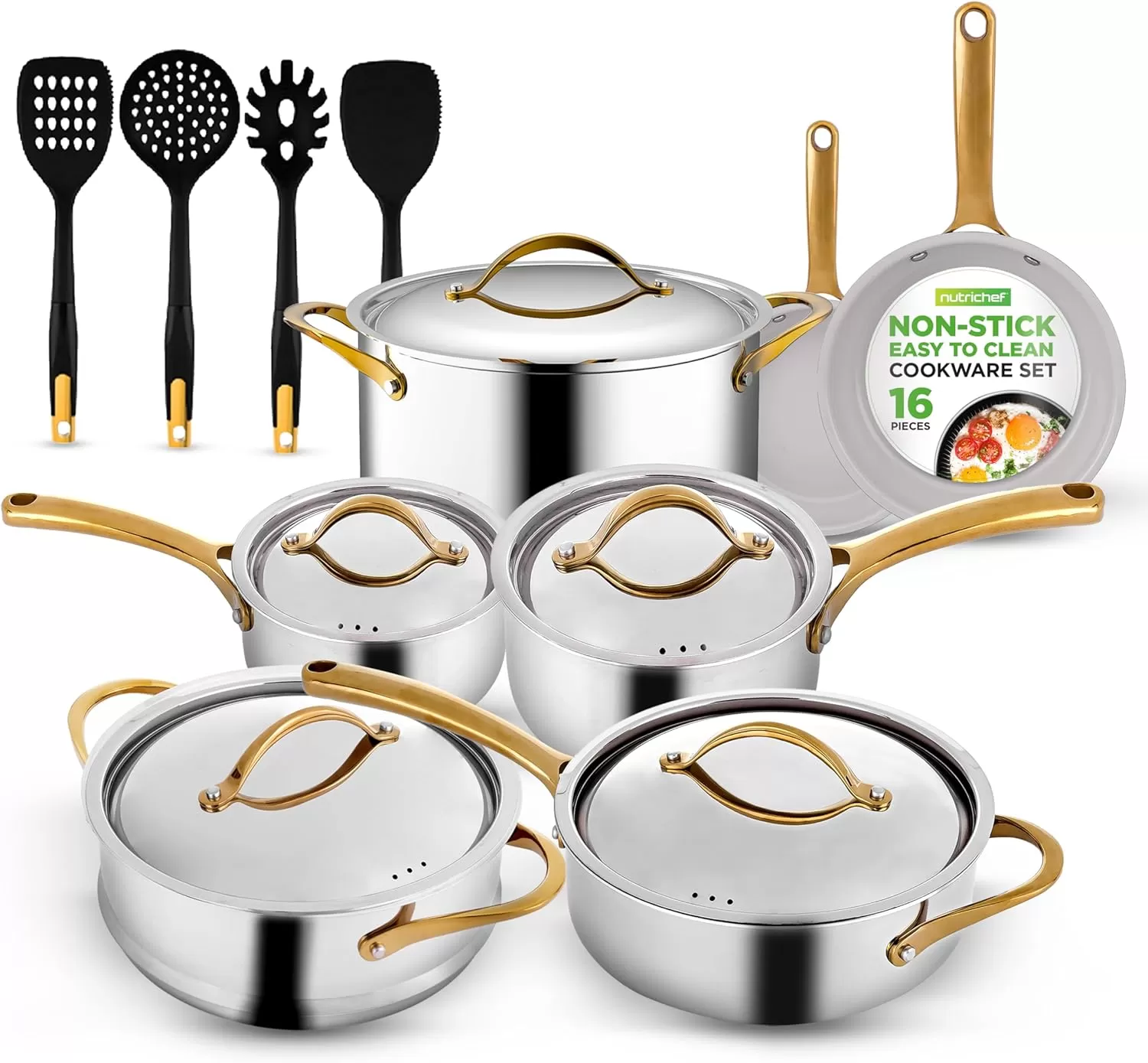 imageNutriChef 12Piece Stainless Steel Kitchenware  Pots ampamp Pans Set Clad Kitchen Cookware wSteel HandlesFry Pan Interior Coated wPrestige Ceramic NonStick CoatingStylish Kitchen Cookware NCSSX45Stainless Steel  Gold
