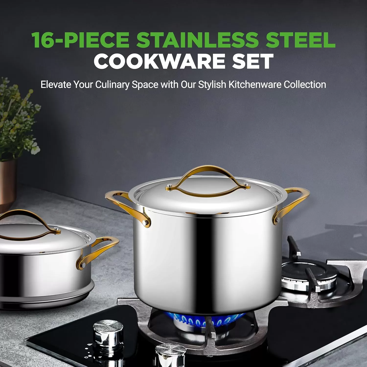 imageNutriChef 12Piece Stainless Steel Kitchenware  Pots ampamp Pans Set Clad Kitchen Cookware wSteel HandlesFry Pan Interior Coated wPrestige Ceramic NonStick CoatingStylish Kitchen Cookware NCSSX45Stainless Steel  Gold